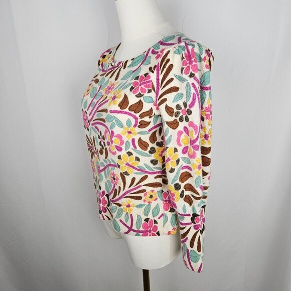 Talbots Boho Floral Merino Wool Puff Sleeve Sweater Medium Pink Blue Colorful - Picture 3 of 10